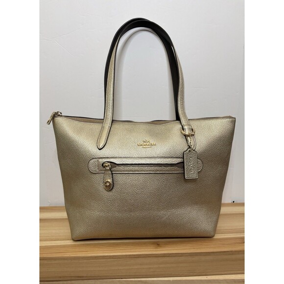 COACH TAYLOR TOTE Shoulder Bag Pebble Leather PLATINUM GOLD Metallic 23592 - Picture 1 of 6